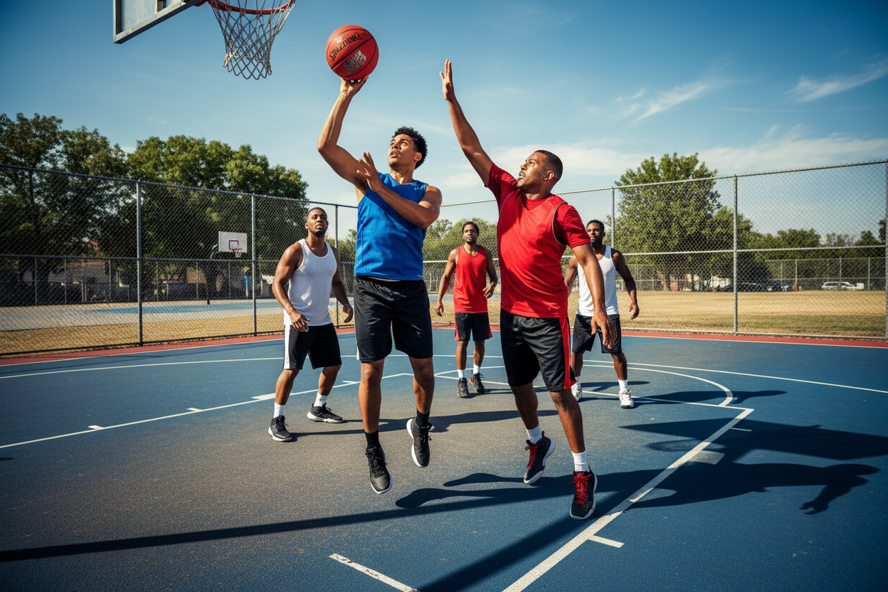 Adults Playing Basketball with Spalding Silver Series