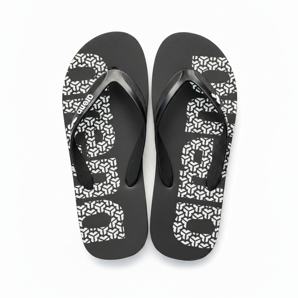 Arena Black Patterned Flip Flops White Background