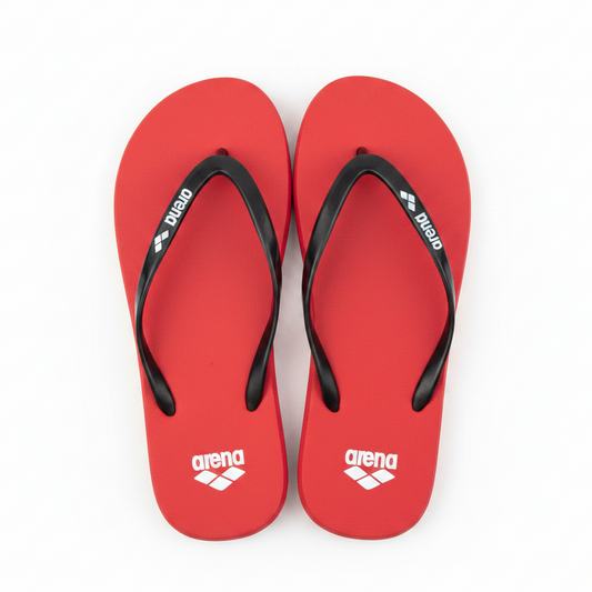 Arena red flip flops white background