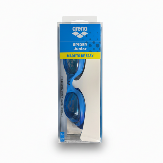 Arena Spider Junior blue goggles clear packaging white background