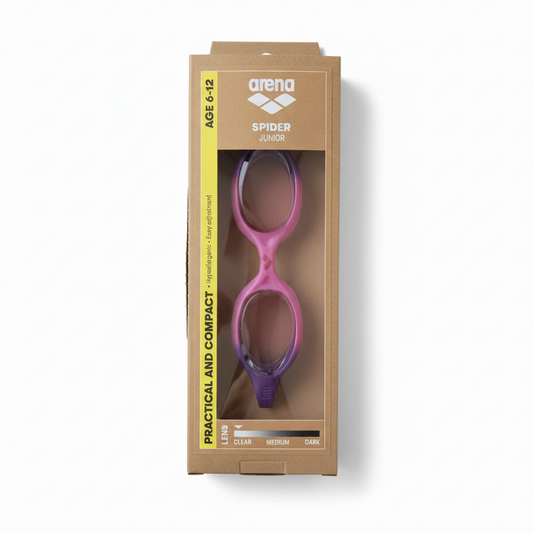 Arena Spider Junior pink purple goggles box white background