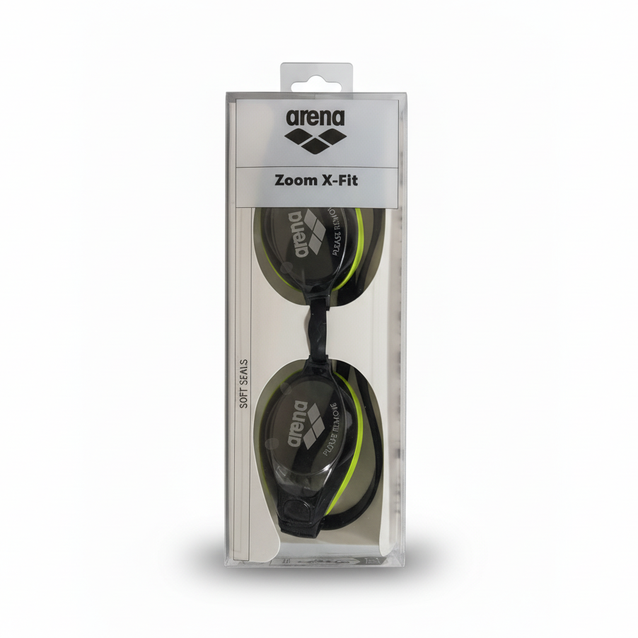 Arena Zoom X-Fit black yellow goggles clear packaging white background