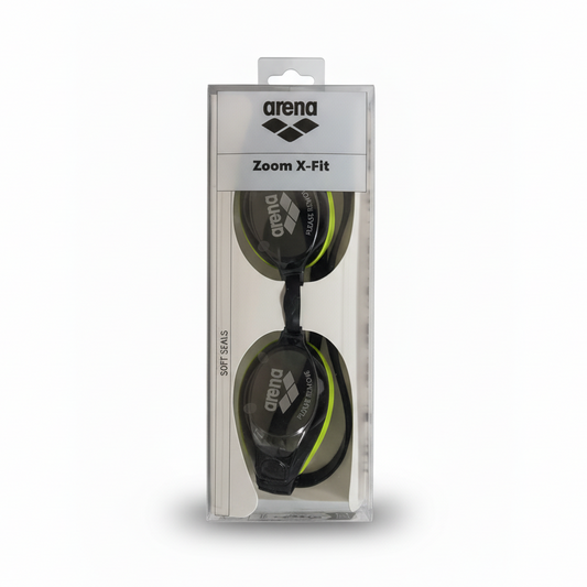 Arena Zoom X-Fit black yellow goggles clear packaging white background