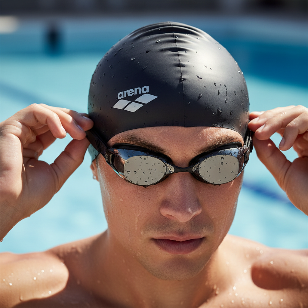 Athlete adjusting goggles with black Arena cap