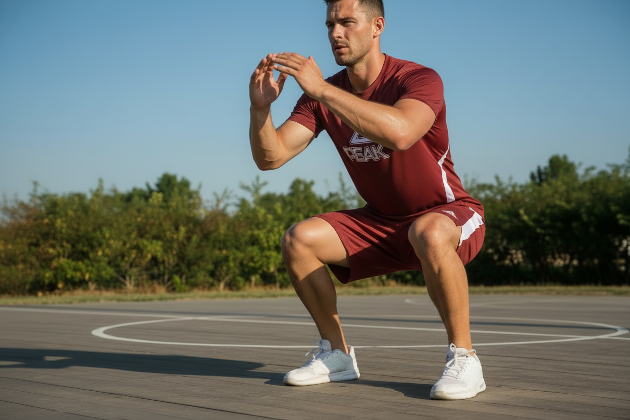 Athletic Man in Burgundy Peak Outfit Doing Squats Outdoors