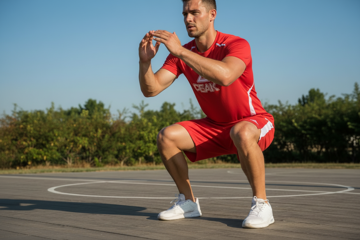 Athletic Man in Red Peak Outfit Doing Squats Outdoors