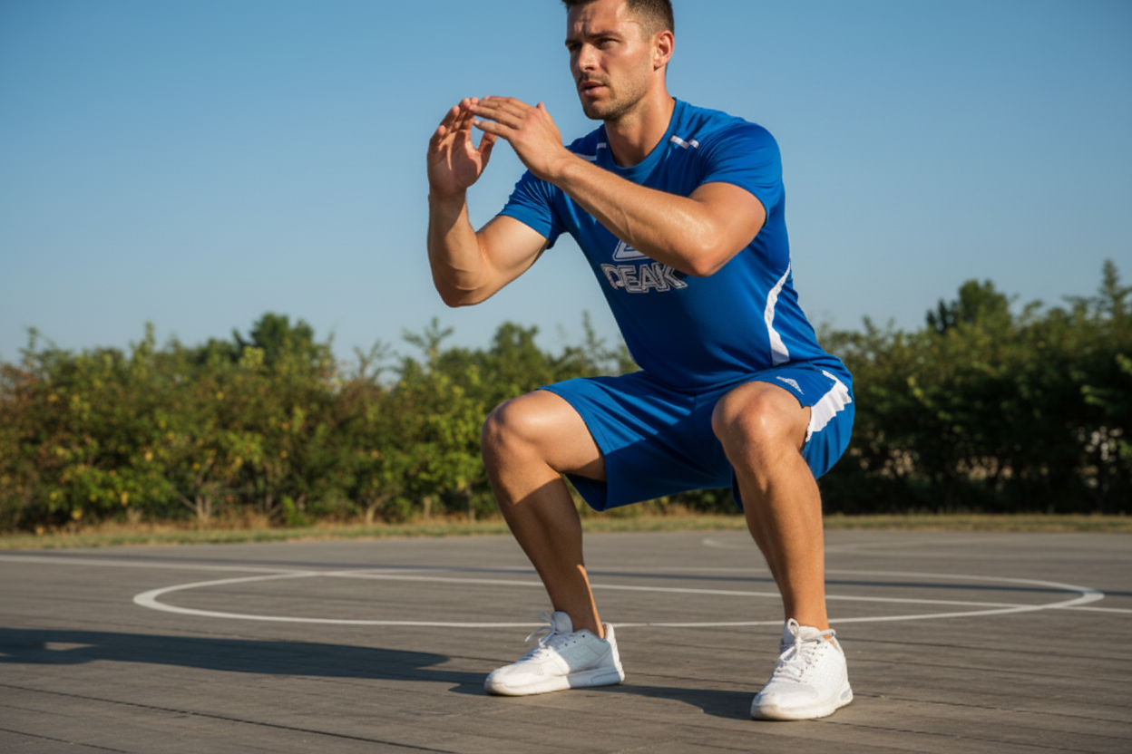 Athletic Man in Royal Blue Peak Outfit Doing Squats Outdoors
