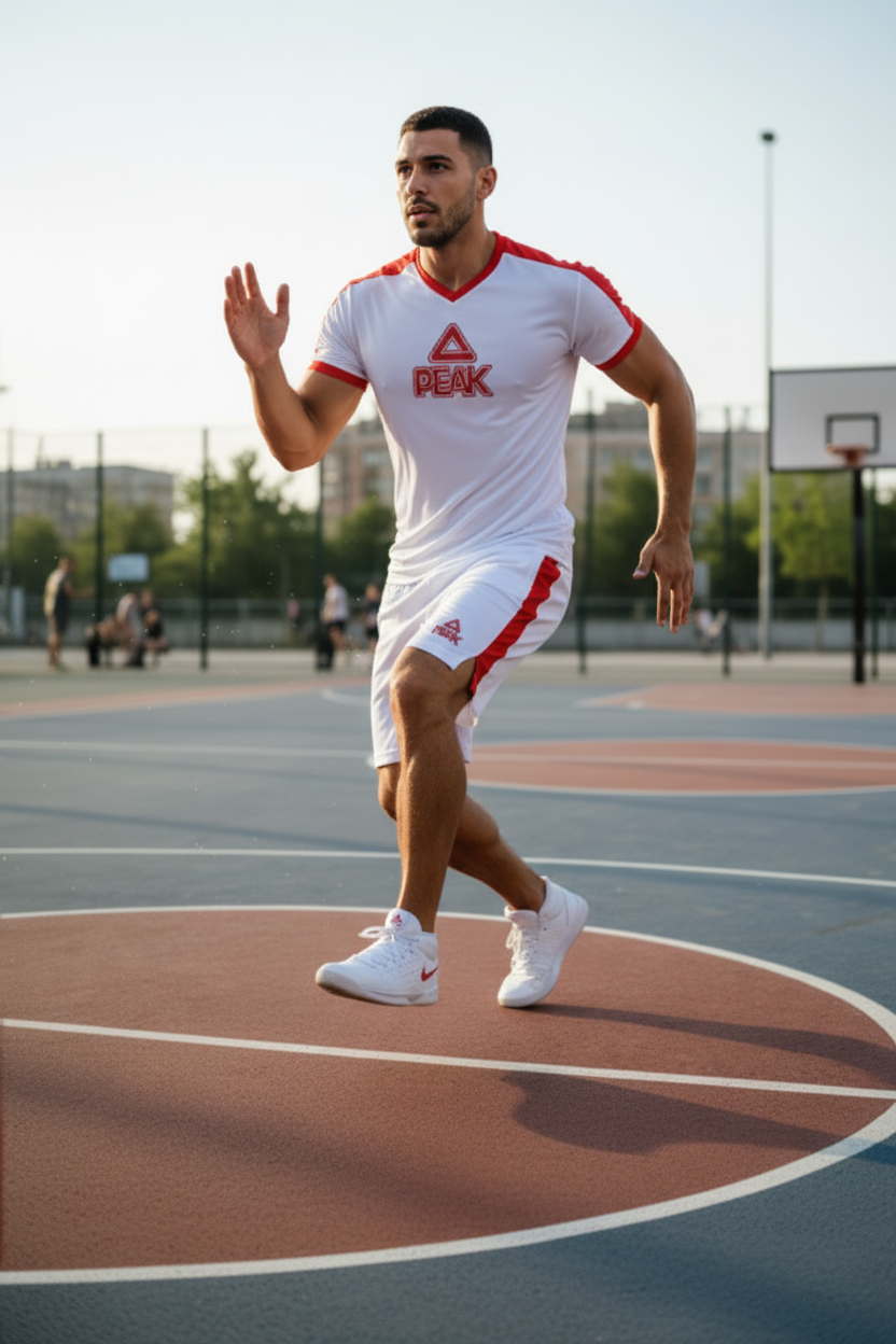 Athletic Man in White Peak Shorts and T-Shirt on Basketball Court