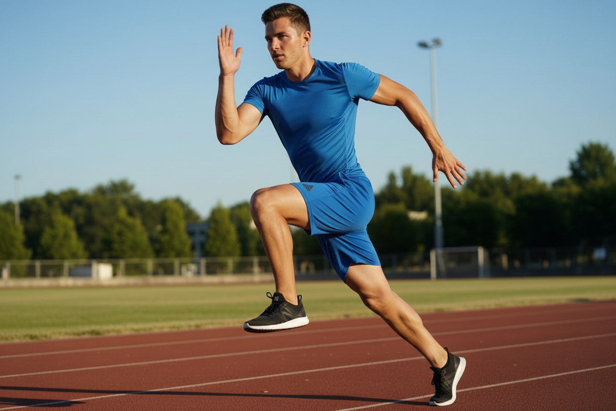 Athletic Man Running in Blue Shorts and T-Shirt on Track