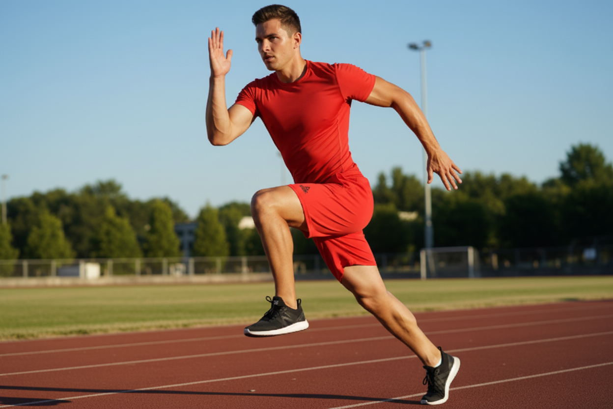 Athletic Man Running in Red Shorts and T-Shirt on Track