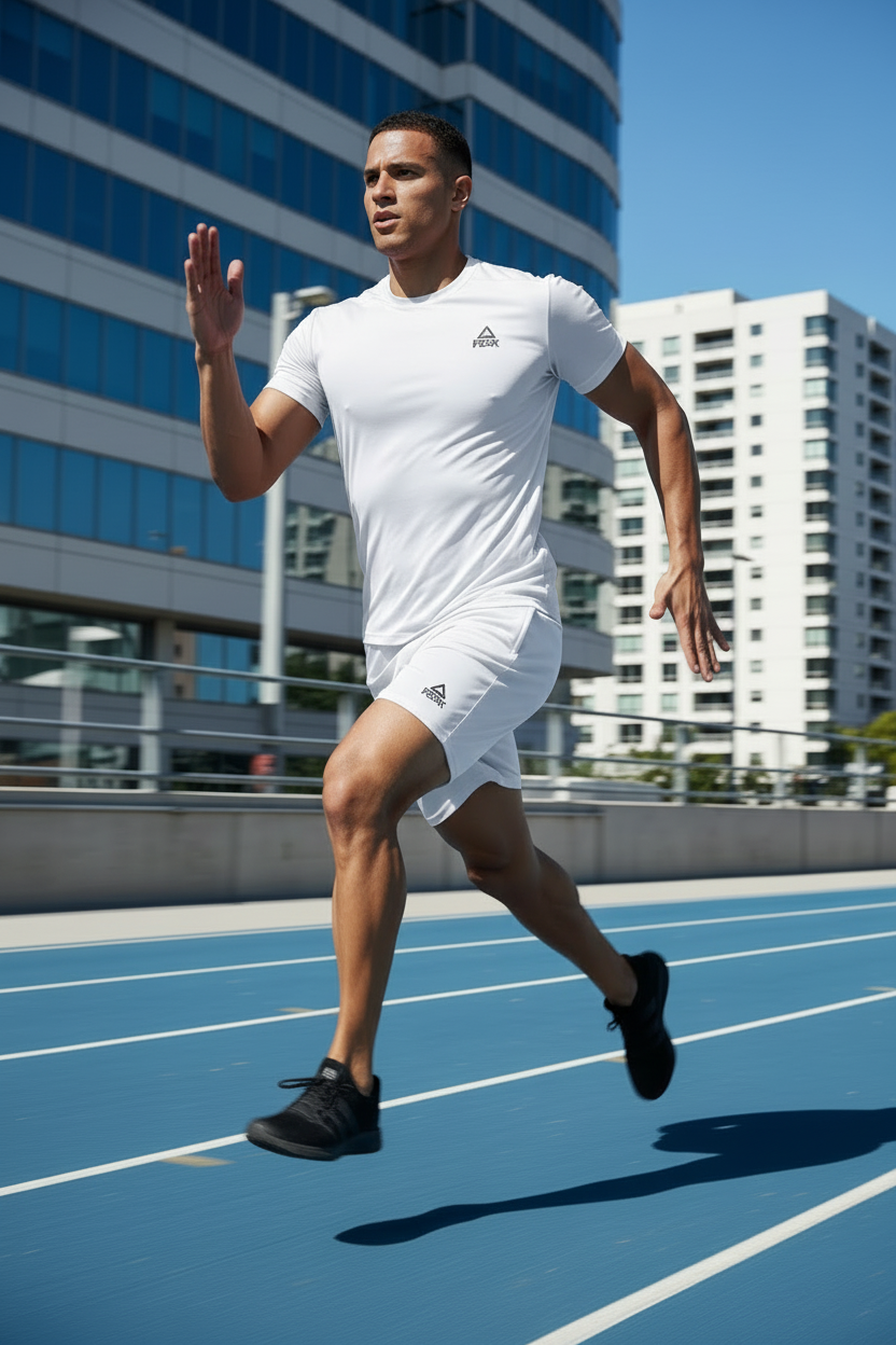 Athletic Man Running in White Peak Shorts and T-Shirt