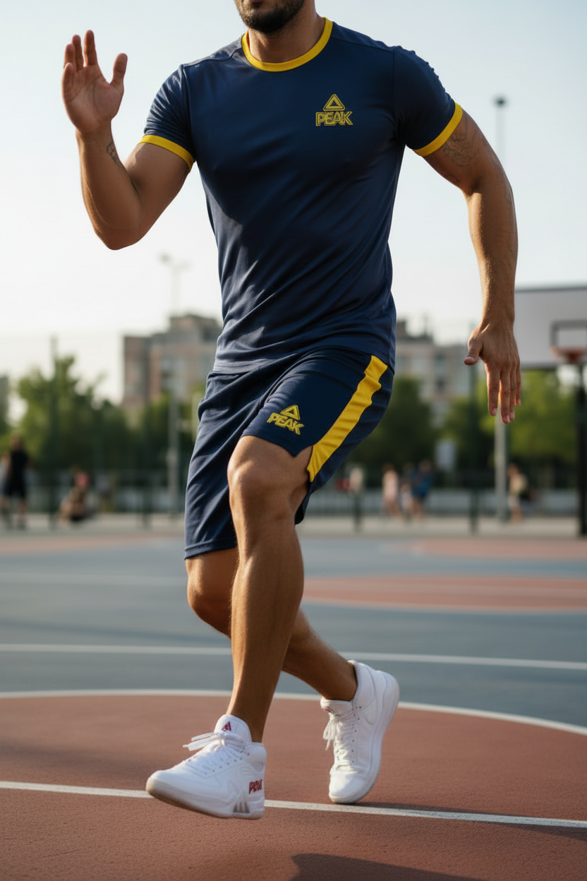 Athletic Man with Tattoos in Navy & Yellow Peak Outfit on Basketball Court
