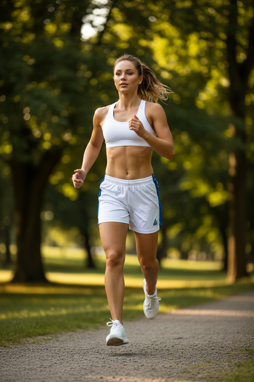 Athletic Woman Running in White & Blue Peak Shorts