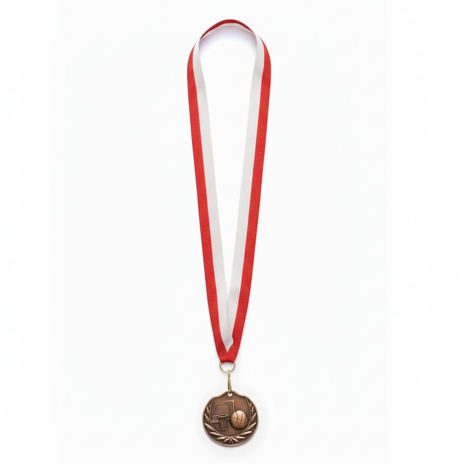 Basketball dark bronze medal red white ribbon white background