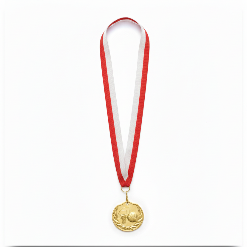 Basketball gold medal red white ribbon white background