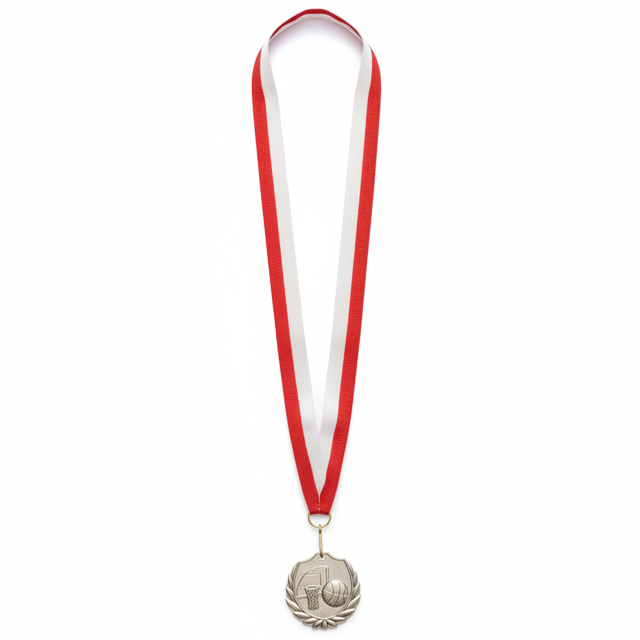 Basketball silver medal red white ribbon white background