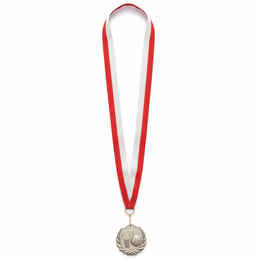 Basketball silver medal red white ribbon white background