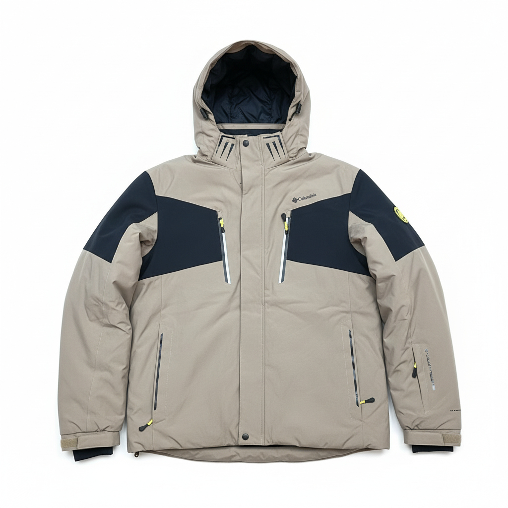 Beige and navy Columbia jacket on white background