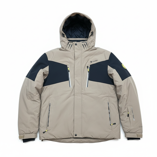 Beige and navy Columbia jacket on white background