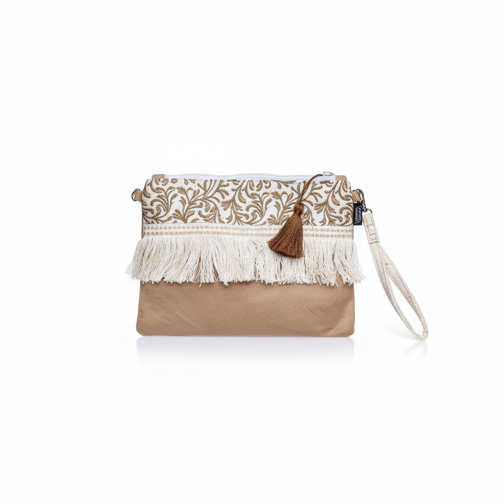 Beige and white fringe clutch on white background