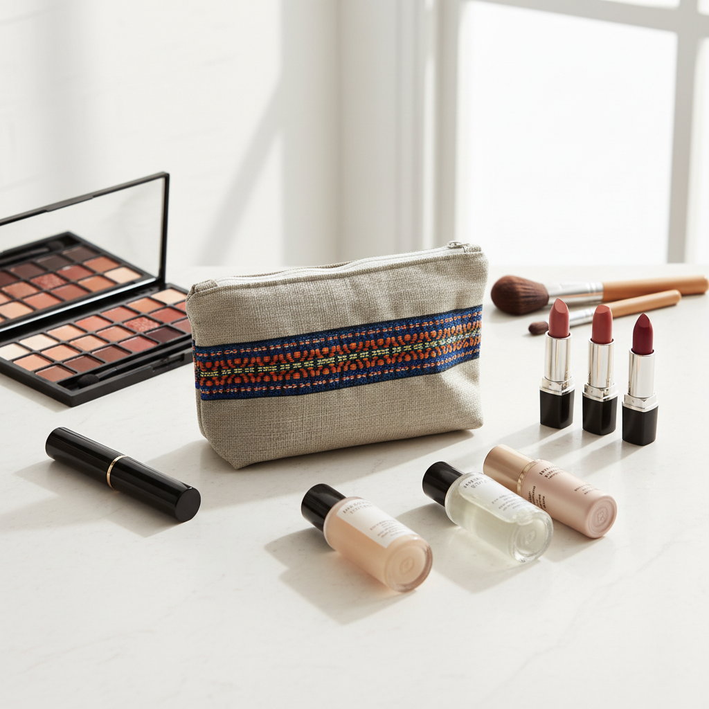 Beige geometric pouch with makeup and cosmetic products