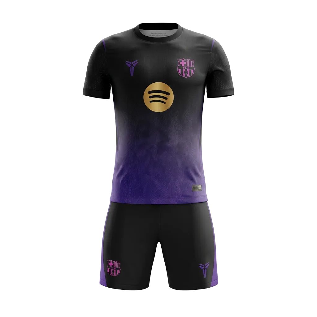 Black-and-purple football kit in ghost-mannequin style