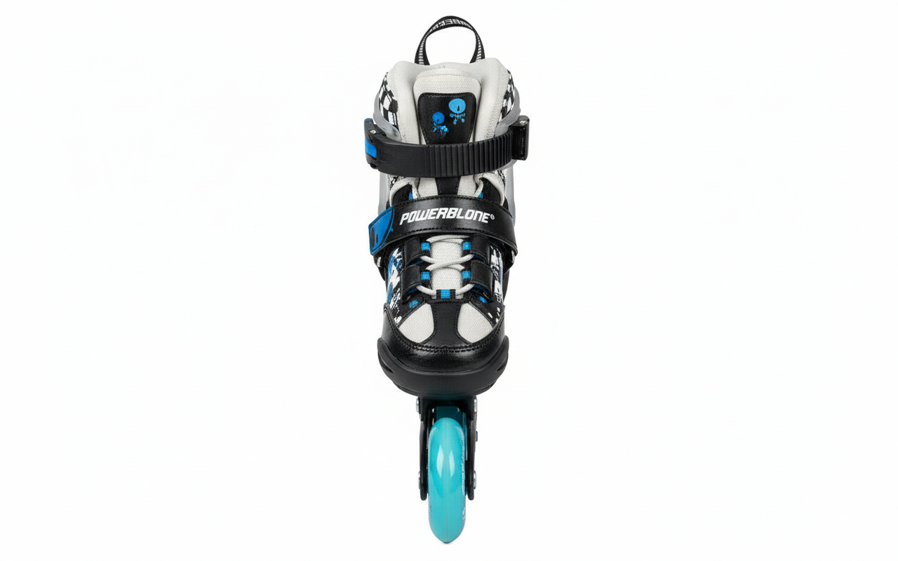 Black and white inline skates top view