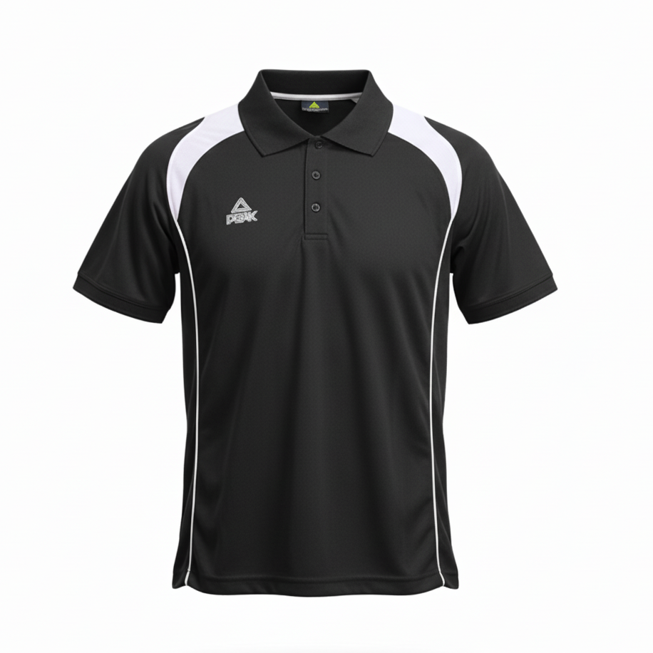 Black and white Peak polo shirt with ghost mannequin effect on white background