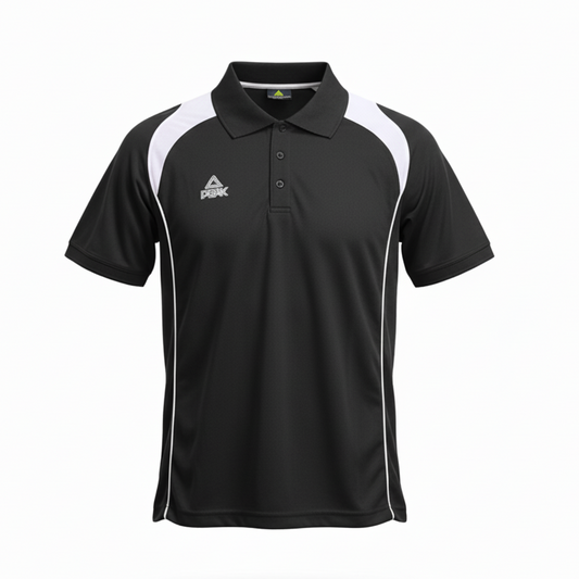 Black and white Peak polo shirt with ghost mannequin effect on white background