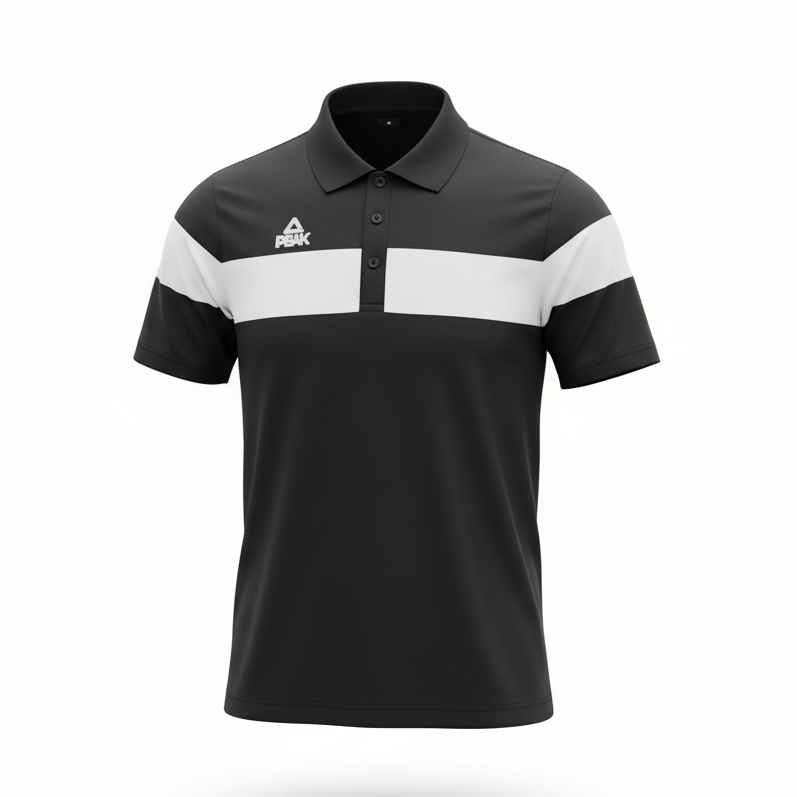 Black and white Peak polo shirt with ghost mannequin effect on white background