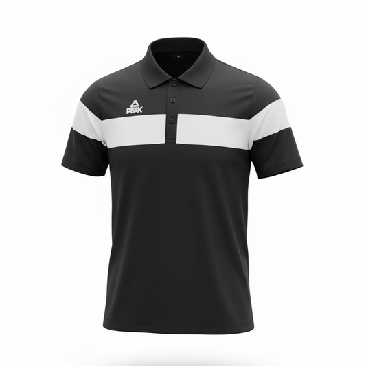 Black and white Peak polo shirt with ghost mannequin effect on white background