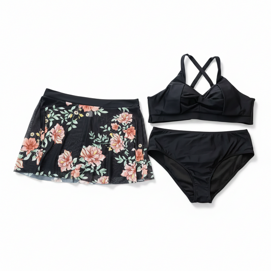Swimsuit (Maillot) Three-Pieces Black Floral Skirt