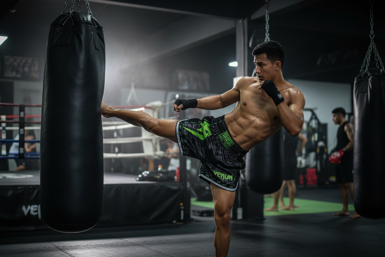 Black camo Venum Muay Thai shorts lifestyle shot