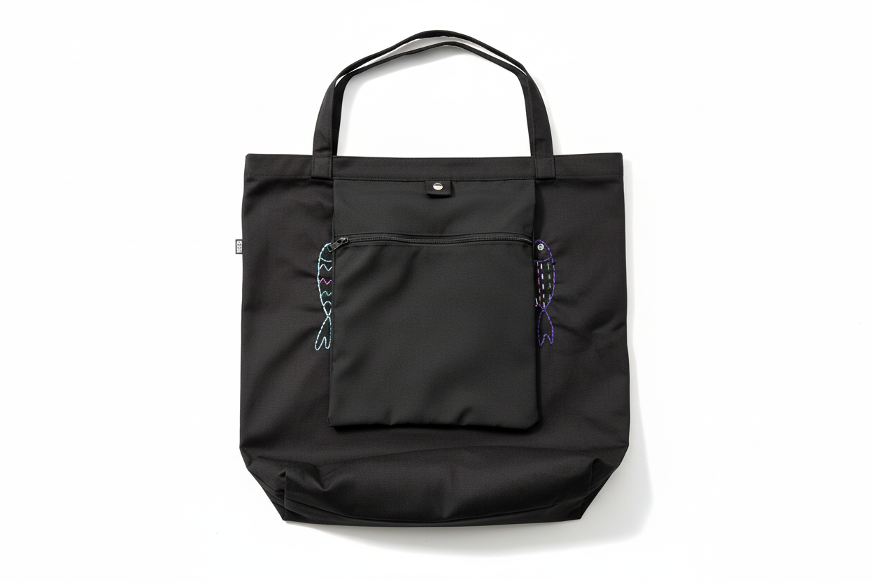 Black canvas tote bag with zippered pocket and fish embroidery on white background