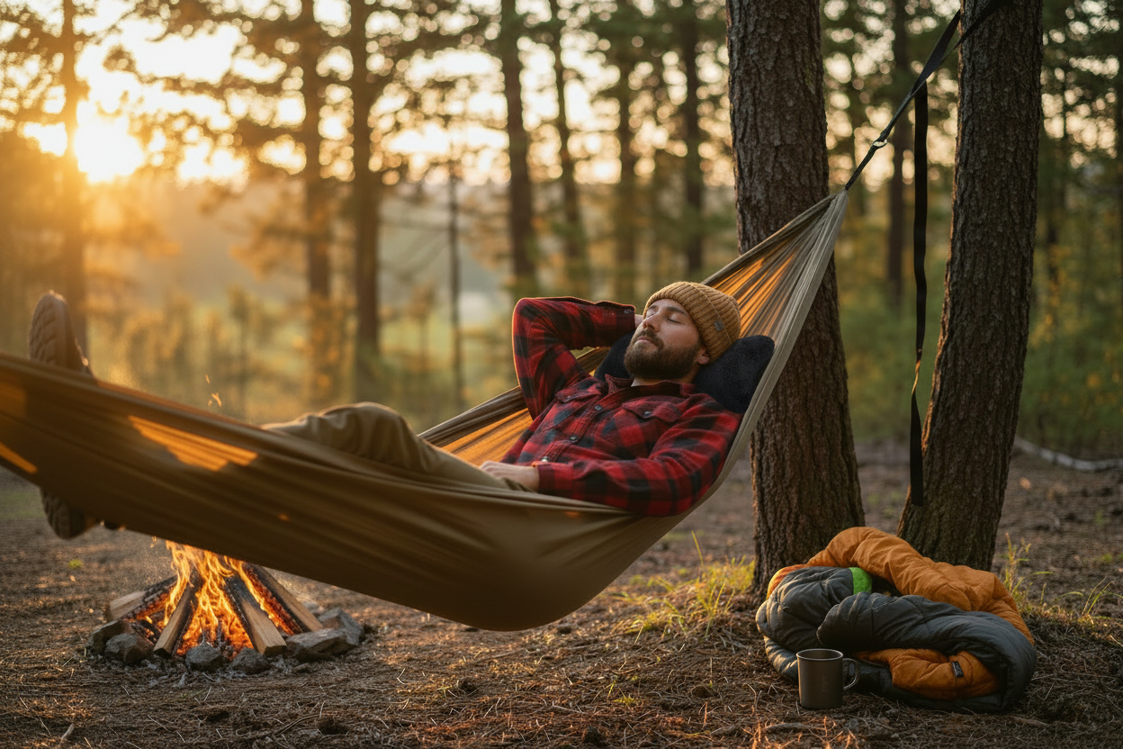 Black fleece pillow - man in hammock camping