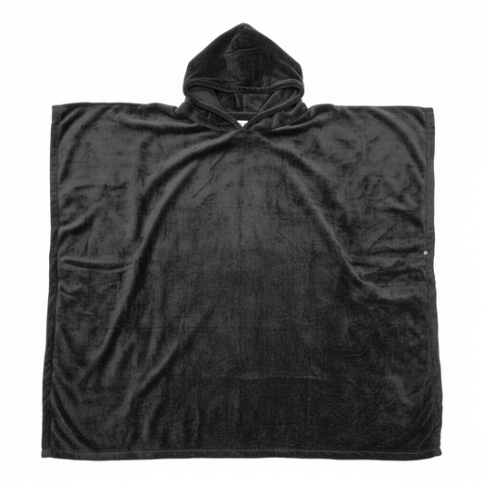 Black hooded poncho on white background