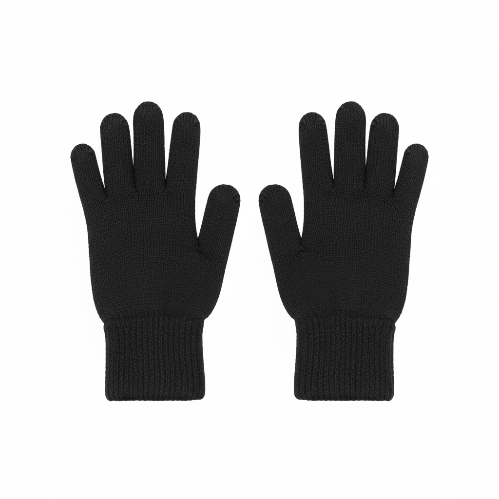 Black knit gloves with white background