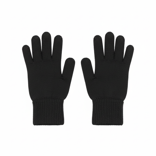 Black knit gloves with white background