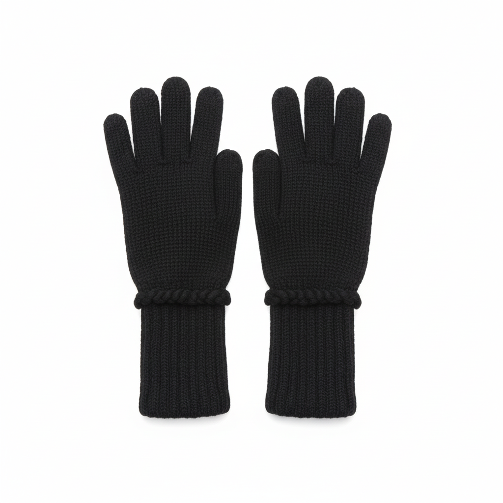 Black knit gloves with white background