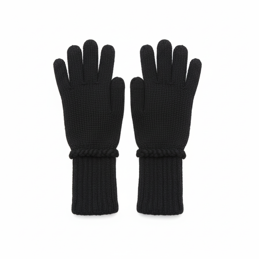 Black knit gloves with white background