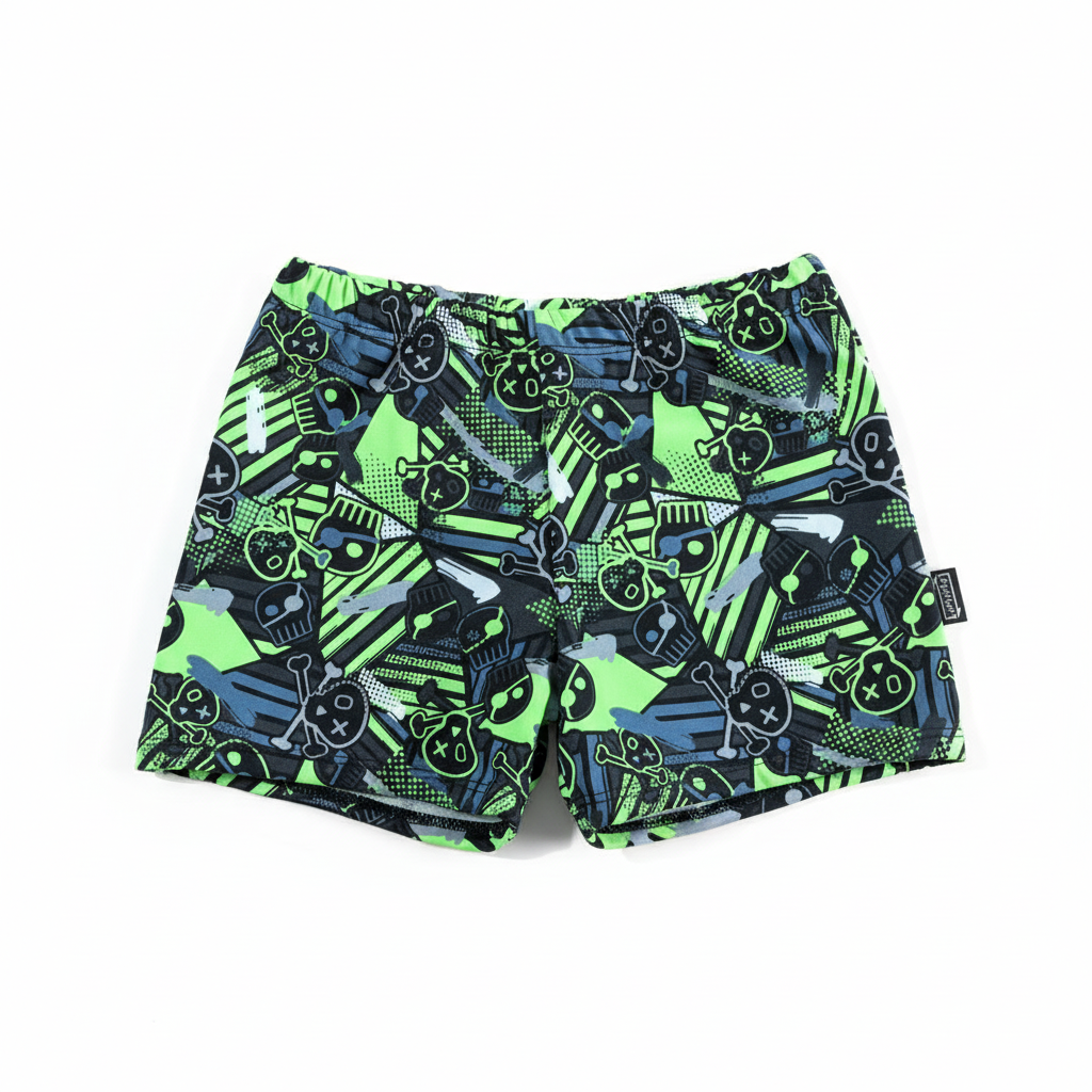 Black neon green skull print swim shorts on white background