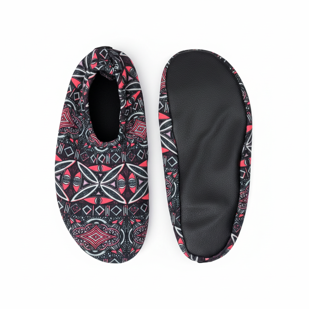 Black pink tribal pattern water shoes top and bottom view on white background