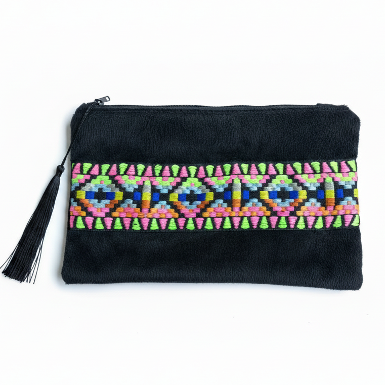 Black pouch with geometric embroidery on white background