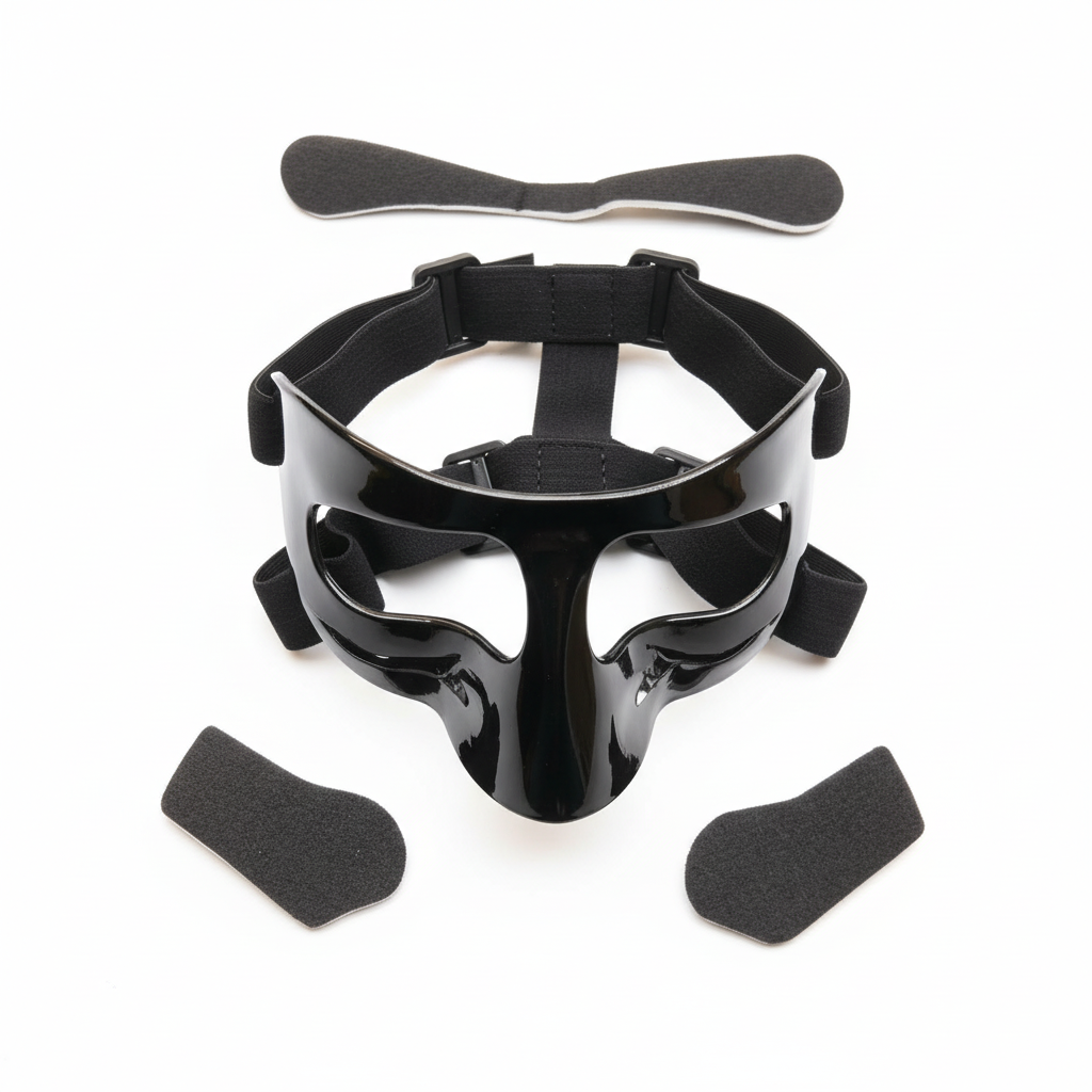 Black protective face mask with foam padding on white background