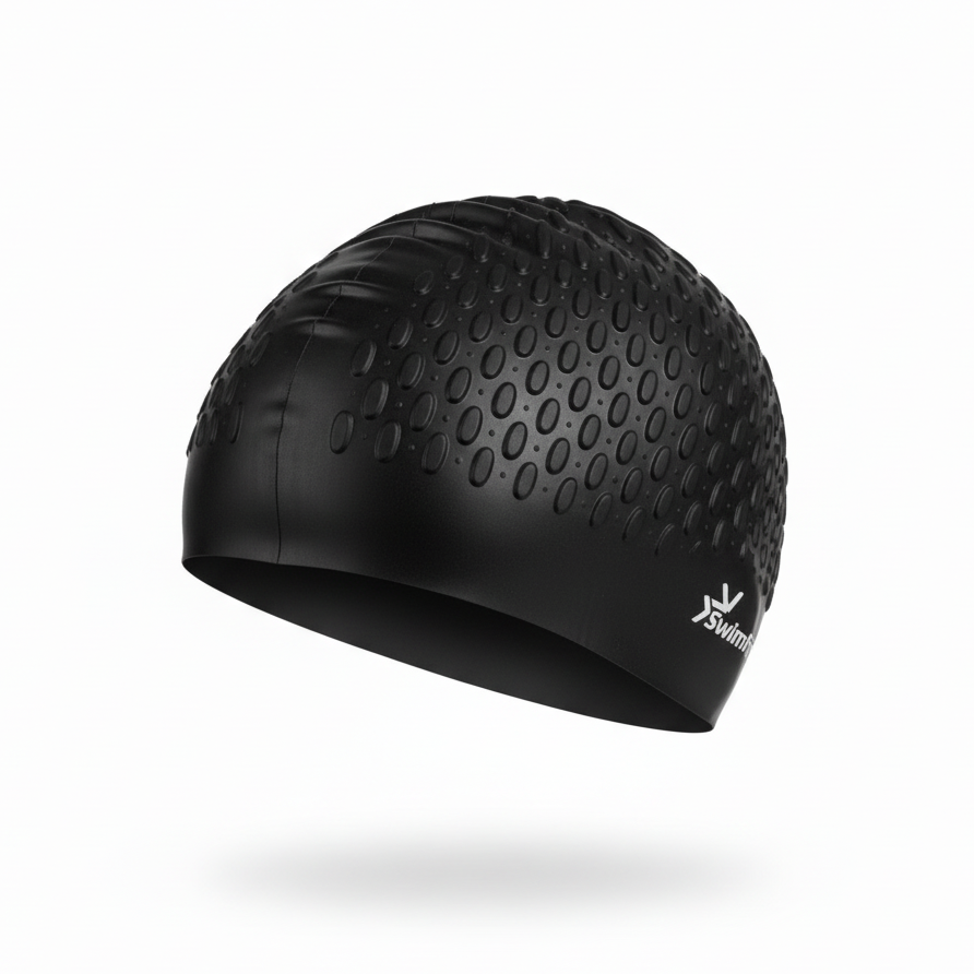 Black silicone swimming cap floating left side view with brand