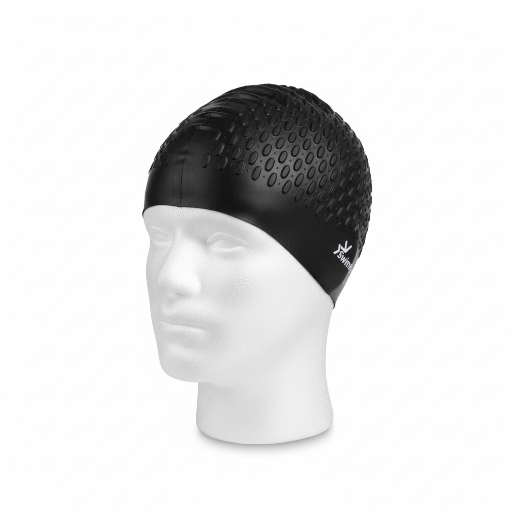 Black silicone swimming cap on mannequin left side view