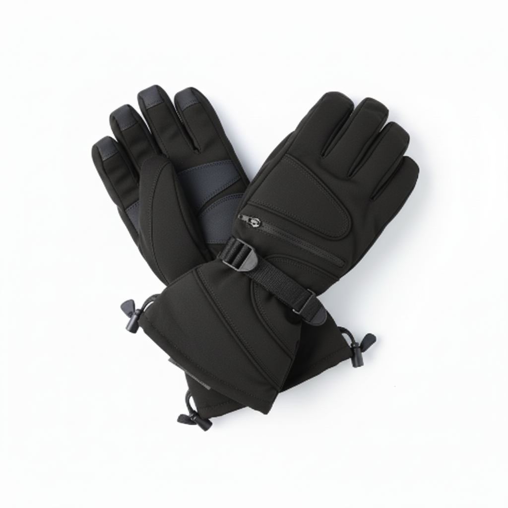 Black snowboard gloves with white background