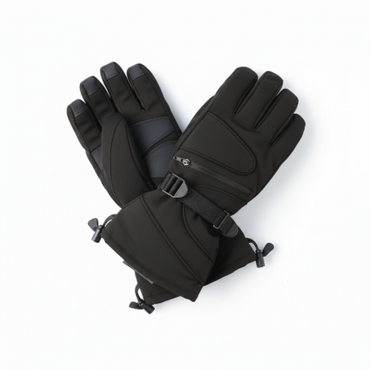 Black snowboard gloves with white background