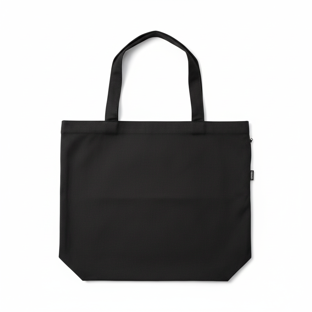 Black tote bag with side pocket on professional white background