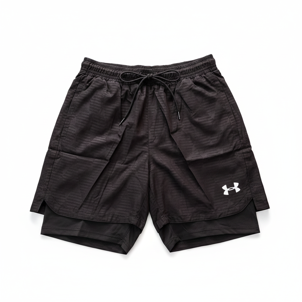 Black UA 2-in-1 cargo shorts white background